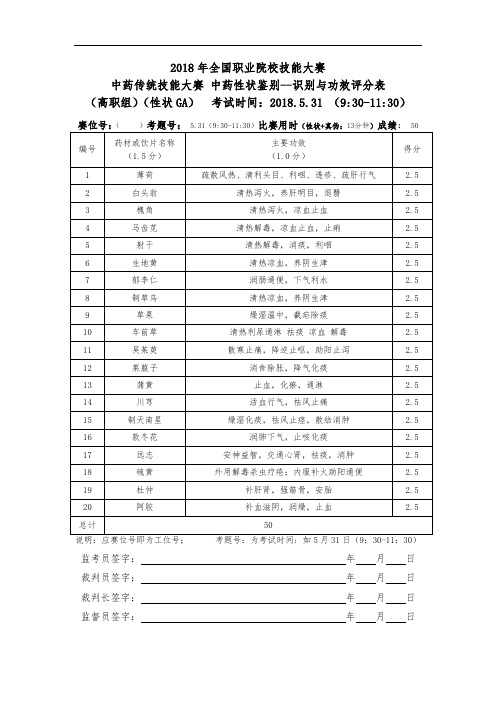 2018 高职 中药传统技能 中药性状与真伪 试卷-5套-答案