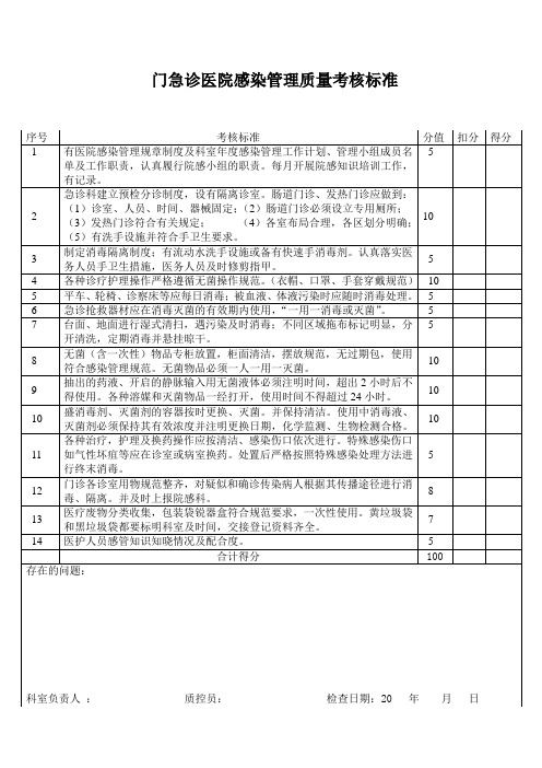 门急诊医院感染管理质量考核标准