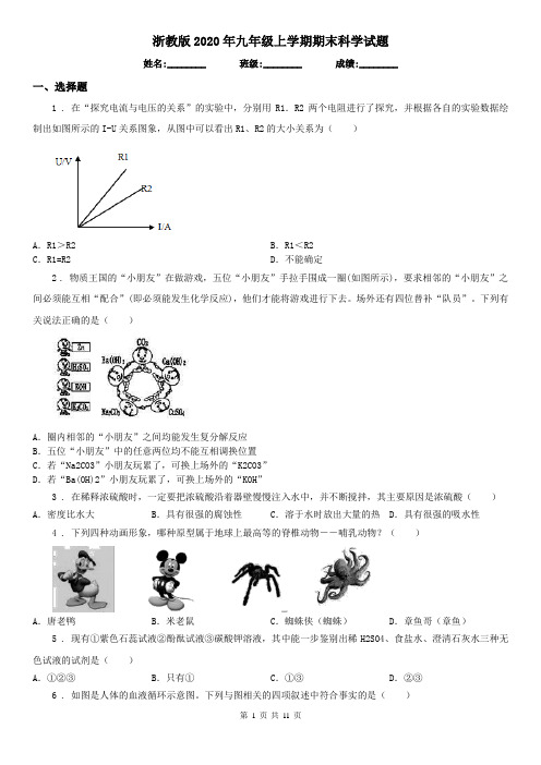 浙教版2020年九年级上学期期末科学试题(模拟)