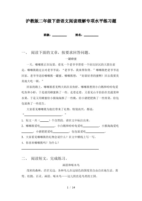 沪教版二年级下册语文阅读理解专项水平练习题