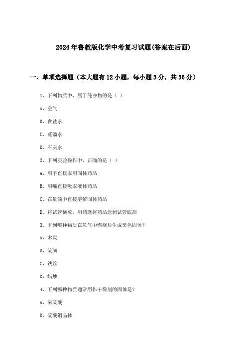 鲁教版化学中考试题及答案指导(2024年)