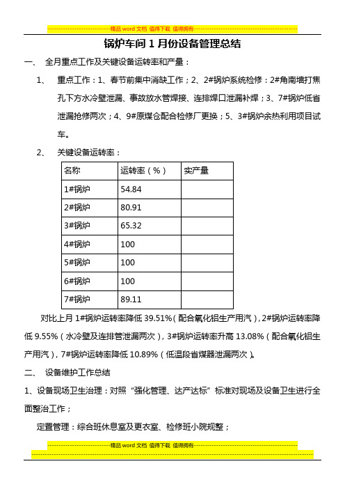 锅炉车间2012年1月份设备管理总结