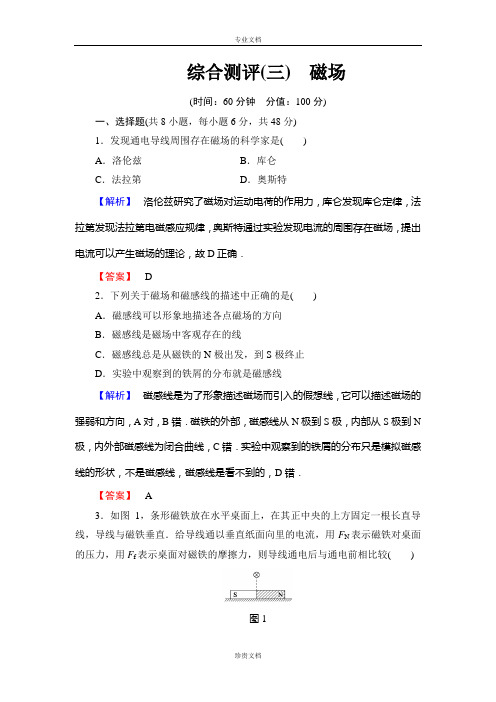 【优化课堂】高二物理人教版选修3-1单元练习：第三章 磁场 章末综合测评 Word版含解析[ 高考]