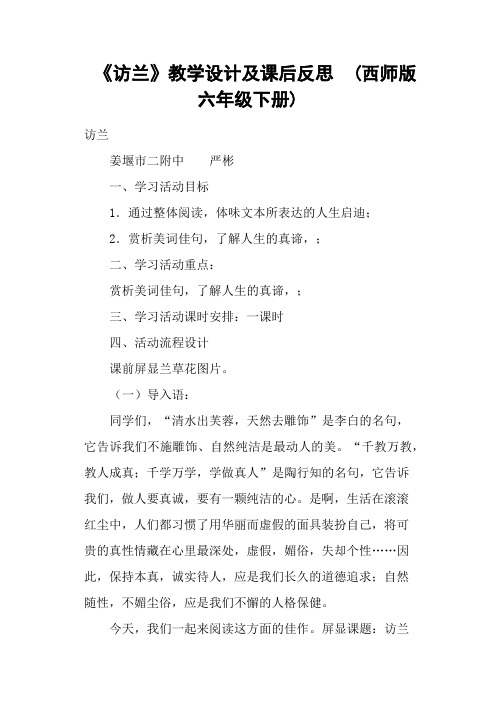 《访兰》教学设计及课后反思  (西师版六年级下册)