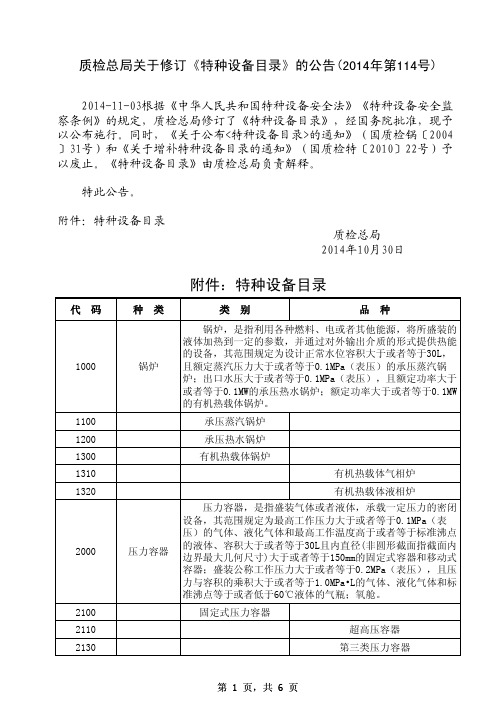 2014特种设备目录(质检总局2014(114)公告)(含文)