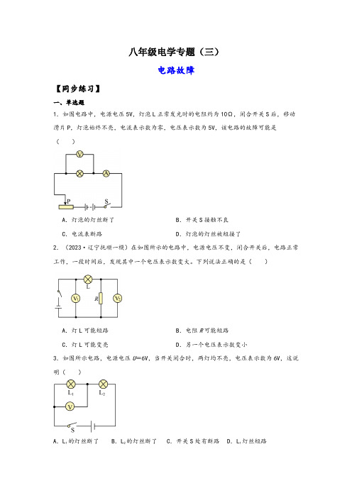 浙教版八年级科学上册讲练课堂八年级电学专题3-电路故障(练习)(原卷版+解析)