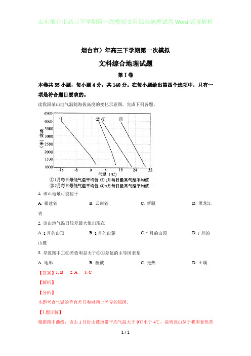 山东烟台高三年级下学期第一次模拟文科综合地理试卷Word版含答案解析