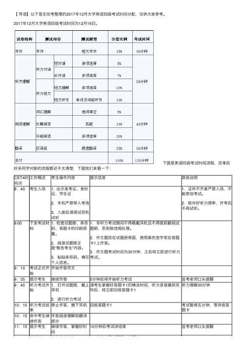 2017年12月大学英语四级考试时间分配