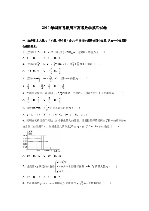 湖南省郴州市2016届高三普通高中学业水平考试摸底测试数学试题 含解析