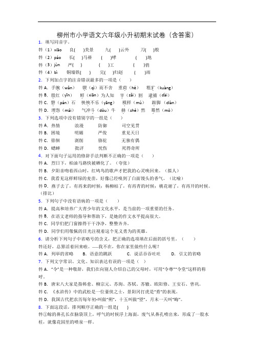 柳州市小学语文六年级小升初期末试卷(含答案)