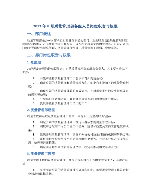 2013-08质量管理部各级人员岗位职责与权限