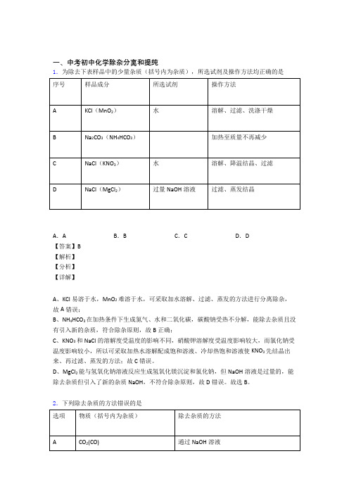 中考化学知识点过关培优 易错 难题训练∶分离和提纯除杂附详细答案