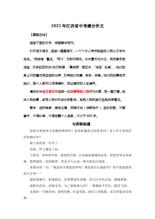 2022年江西省中考满分作文《与苏轼相遇》