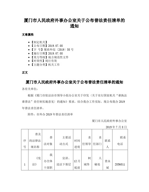 厦门市人民政府外事办公室关于公布普法责任清单的通知