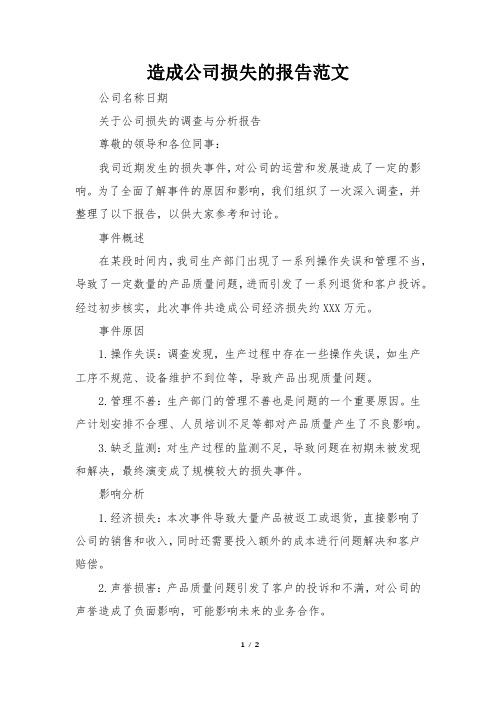 造成公司损失的报告范文