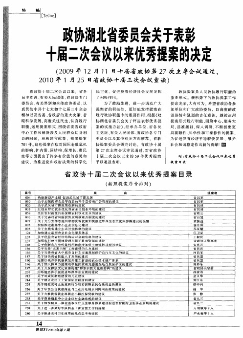 政协湖北省委员会关于表彰十届二次会议以来优秀提案的决定(2009年12月11日十届省政协第27次主席会议通