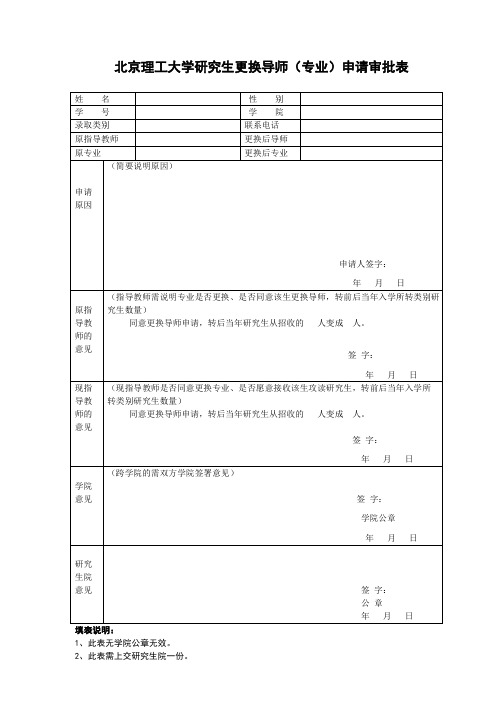 北京理工大学 北京理工大学研究生更换导师专业申请审批表