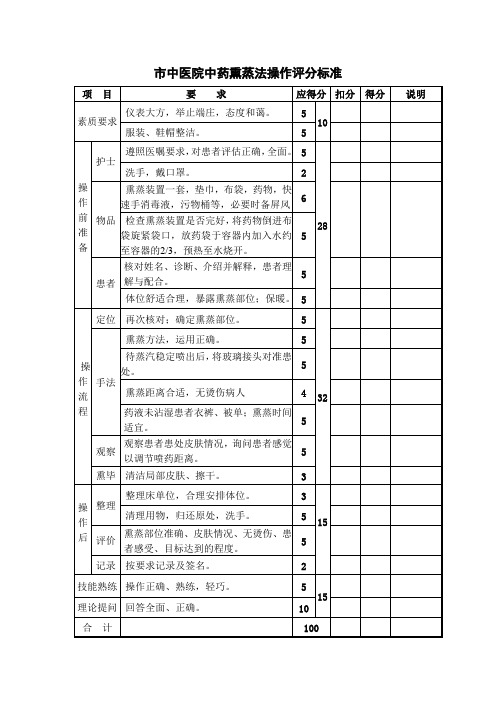 市中医院中药熏蒸法操作评分标准