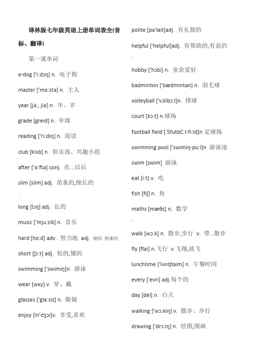 译林版七年级英语上册单词表全