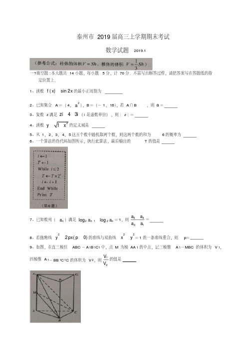 (完整版)江苏省泰州市2019届高三上学期期末考试数学试题(WORD版)