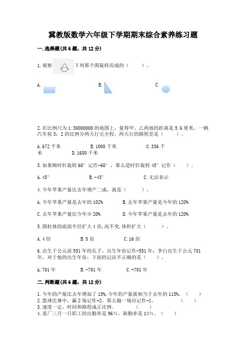 冀教版数学六年级下学期期末综合素养练习题附参考答案【能力提升】