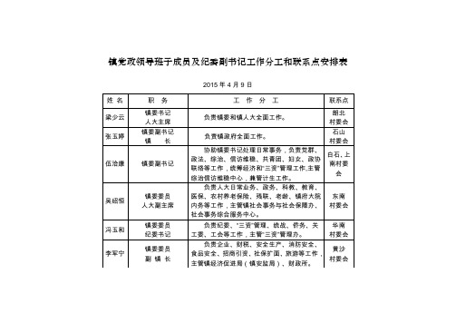 镇党政领导班子成员及纪委副书记工作分工和联系点安排表