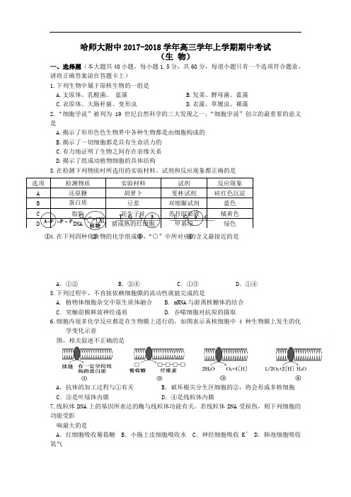 黑龙江省哈尔滨师范大学附属中学2017-2018学年高三上学期期中考试生物试题 Word版含答案