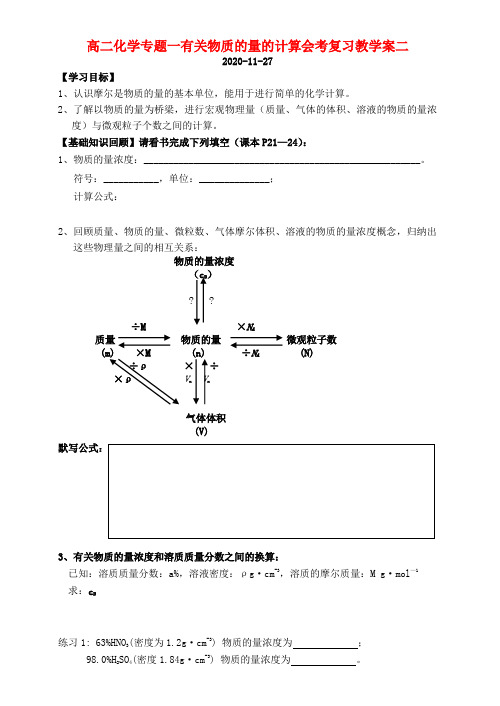 高二化学专题一有关物质的量的计算会考复习教学案二 苏教版 必修一