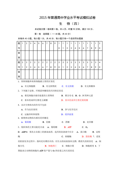 山东省2015年普通高中学业水平考试模拟试卷4【含答案】