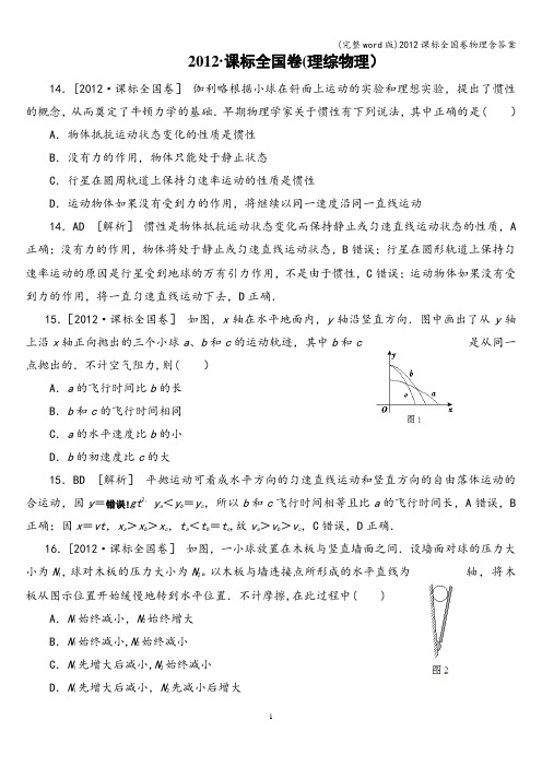 (完整word版)2012课标全国卷物理含答案