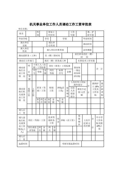 江西省机关事业单位工作人员调动工作工资审批表