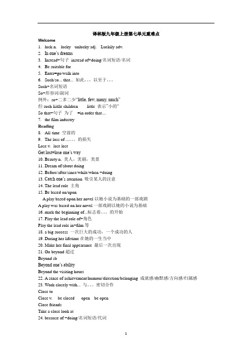 牛津译林版英语九年级上册 Unit7 单元重难点