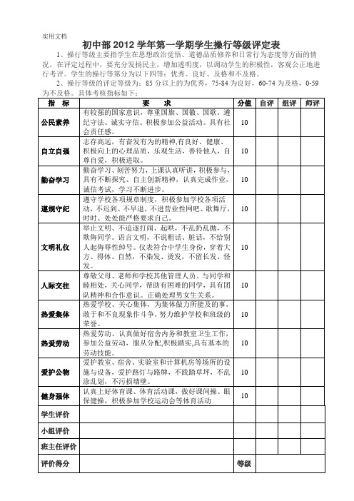 中学学生操行等级评定表