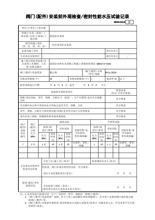 GD3010218阀门(配件)安装前外观检查、密封性能水压试验记录