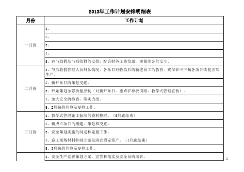 2013年工作计划安排明细表