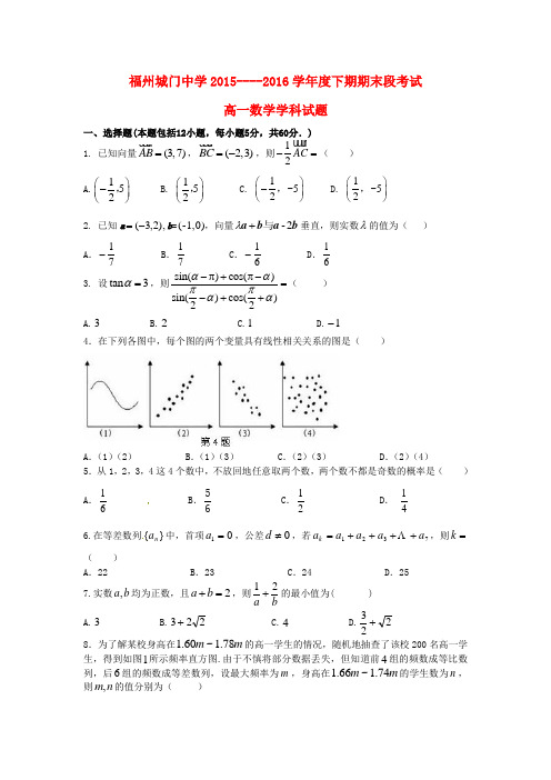 福建省福州市仓山区城门中学2015-2016学年高一数学下学期期末考试试题