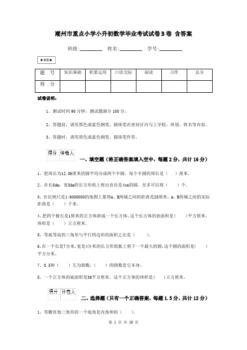 潮州市重点小学小升初数学毕业考试试卷B卷 含答案