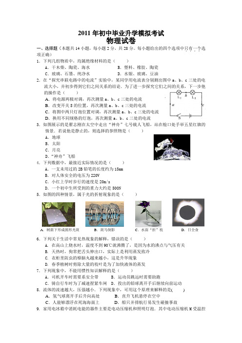 无锡新区2011年九年级物理下册期中试题及答案