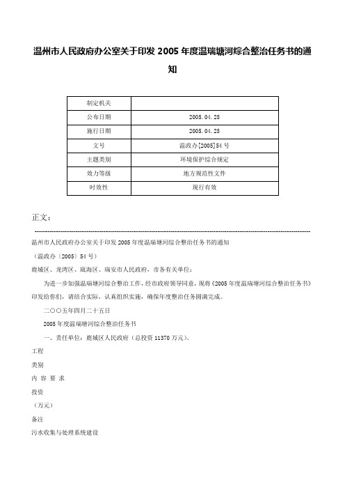 温州市人民政府办公室关于印发2005年度温瑞塘河综合整治任务书的通知-温政办[2005]54号