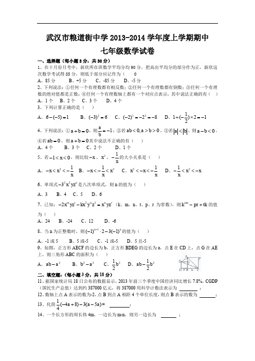 武汉市粮道街中学学年度上学期期中七年级数学试