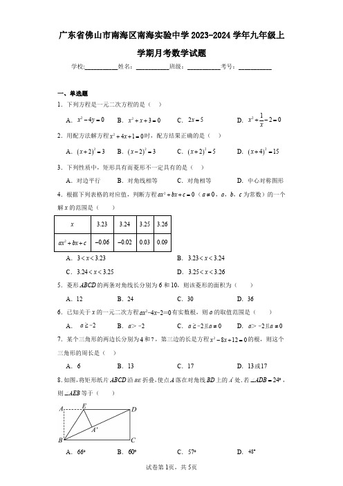 广东省佛山市南海区南海实验中学2023-2024学年九年级上学期月考数学试题