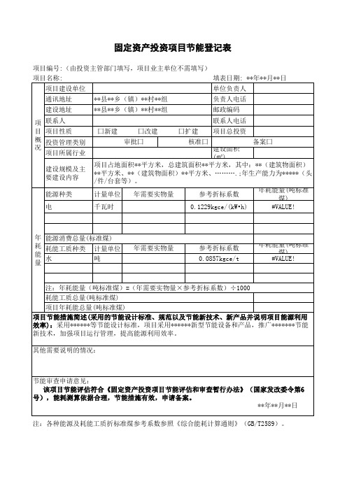 固定资产投资项目节能登记表格式