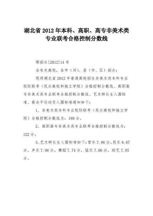 湖北省2012年本科、高职、高专非美术类专业联考合格控制分数线