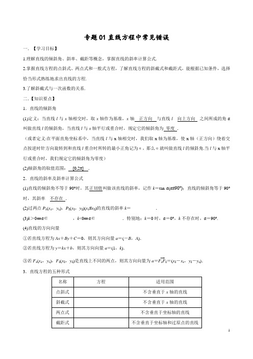 高考数学 专题01 直线方程中常见错误(解析版)