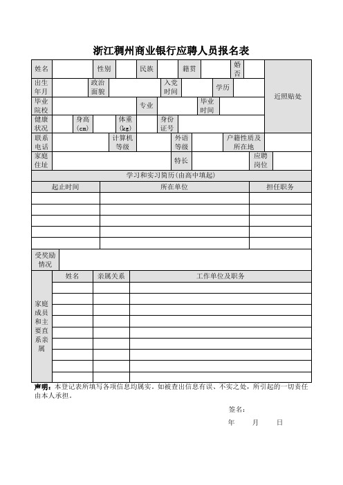 浙江稠州商业银行应聘人员报名表