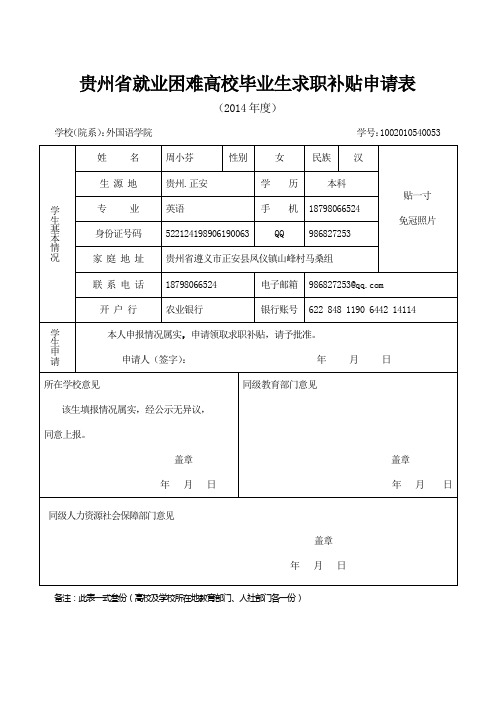 贵州省就业困难高校毕业生求职补贴申请表