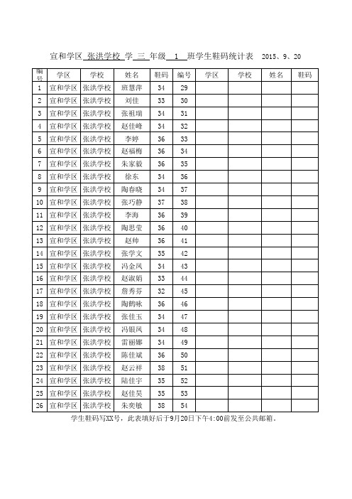 三一班学生鞋码汇总表