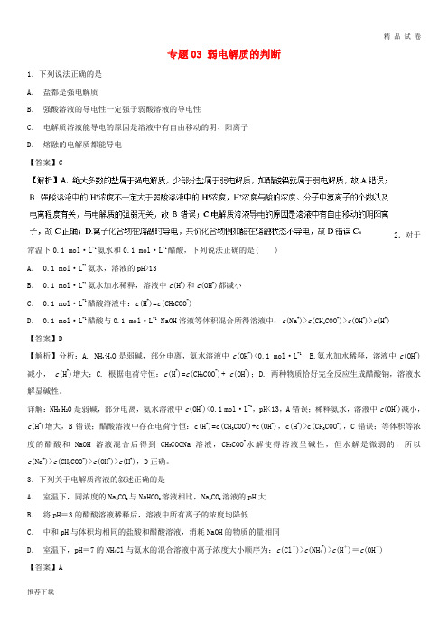 2019高考化学 难点剖析 专题03 弱电解质的判断练习