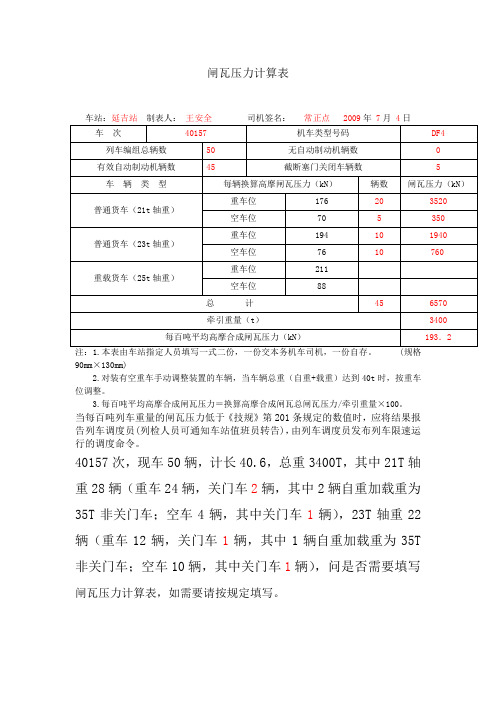 闸瓦压力计算表