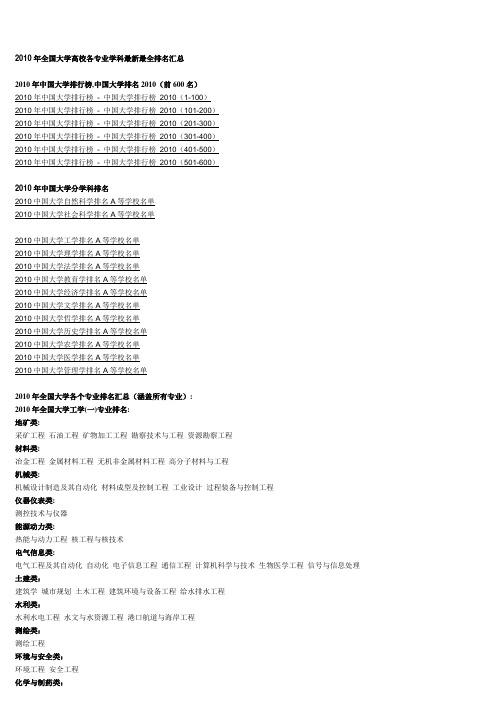 2010年全国大学高校各专业学科最新最全排名汇总